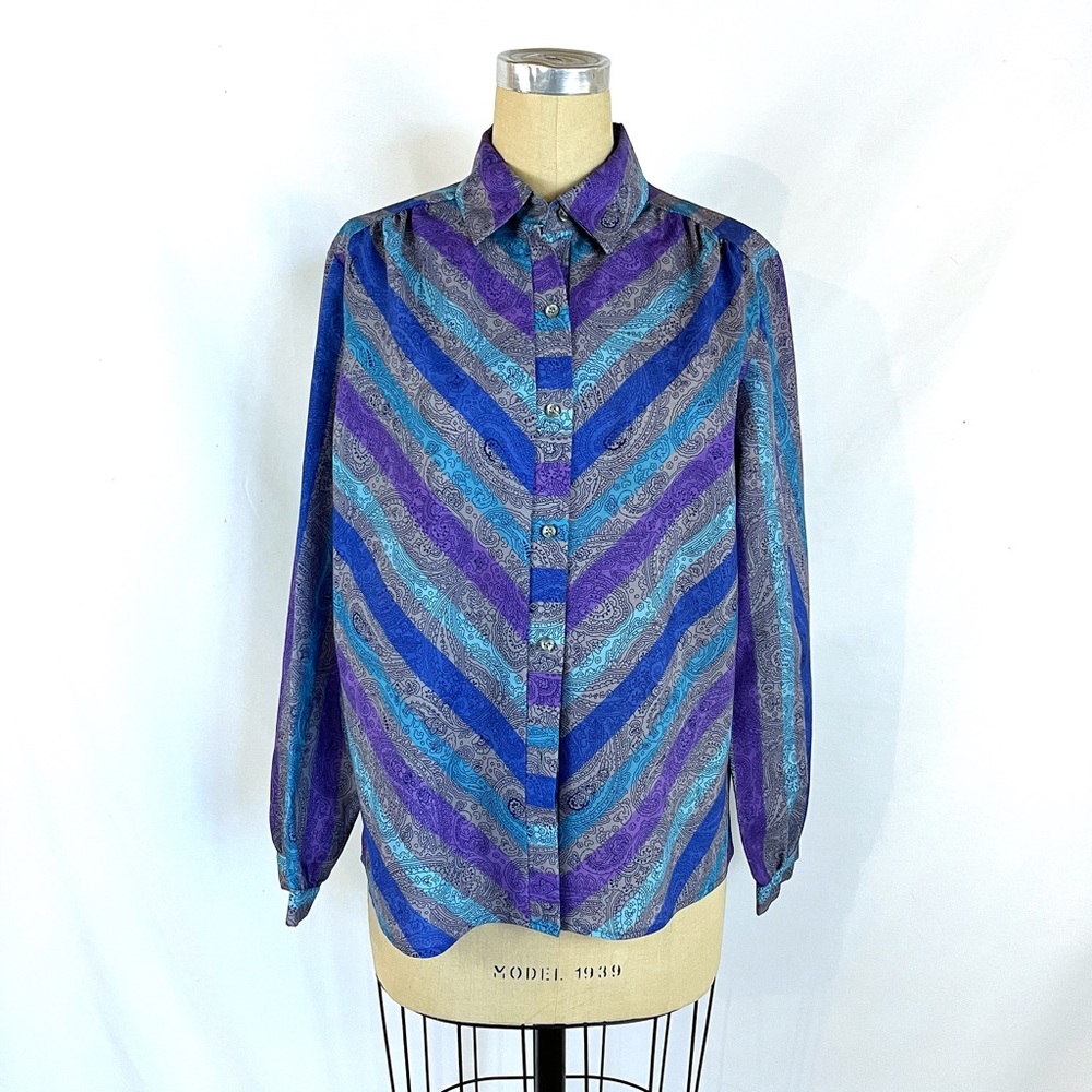 Vintage 70s 80s Paisley Blouse Striped Button Up Medium
